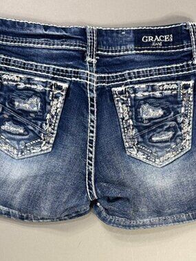 Grace in LA Girls Size 16 Shorts Embellished pocket Blue Denim